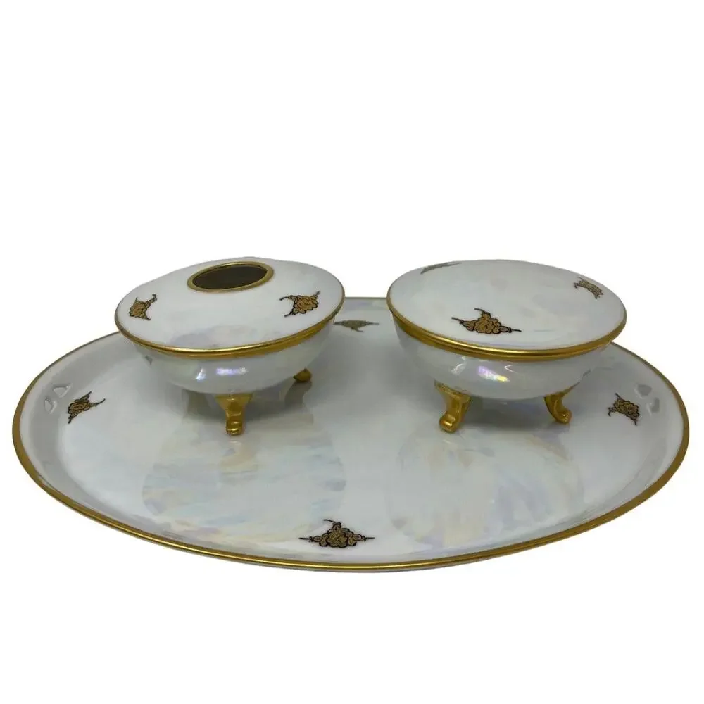 RS Tillowitz Silesia Dresser Set Opalescent Footed Hair Receiver Powder Jar Tray